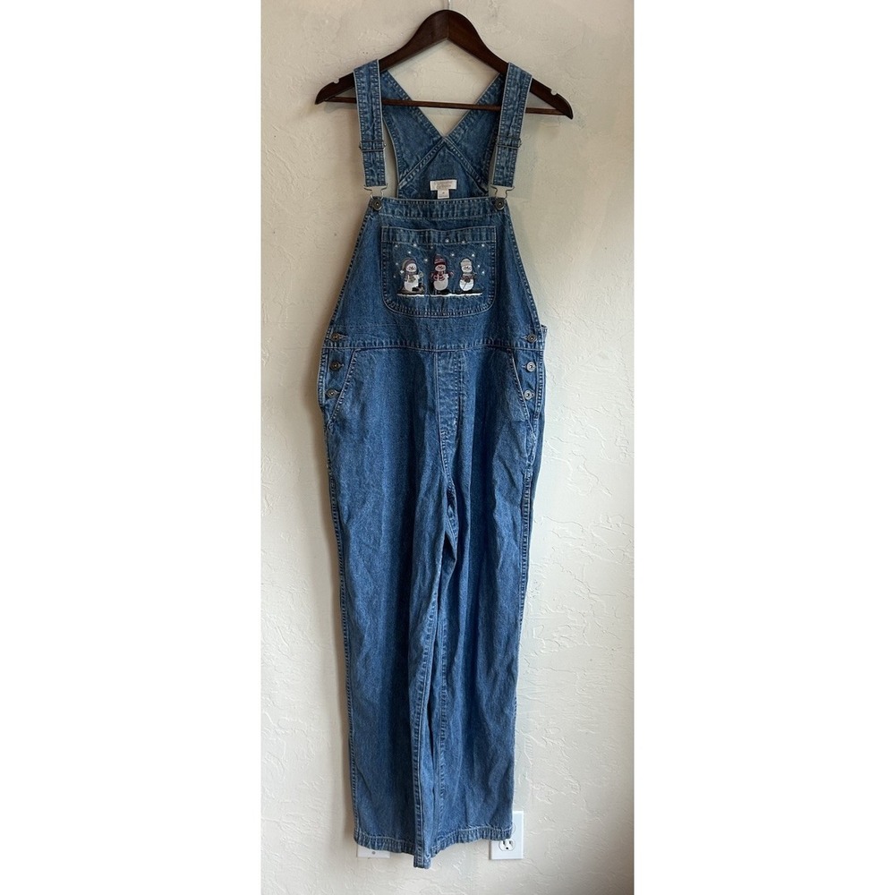 Vintage Y2K Christopher Banks Snowman Embroidered Overalls M Wide Leg Novelty